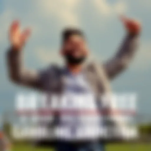 A man smiling, symbolizing freedom from gambling addiction, standing outdoors with arms raised in triumph.