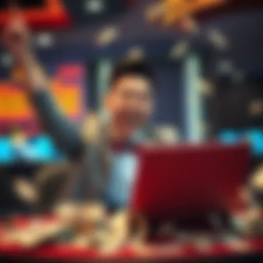 A man joyfully celebrating after winning a Baccarat game online, with his laptop open showing the game and money scattered around him.