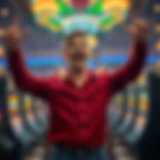 A man joyfully celebrating after winning money at Jackpot City Casino, surrounded by colorful slot machines and game lights.