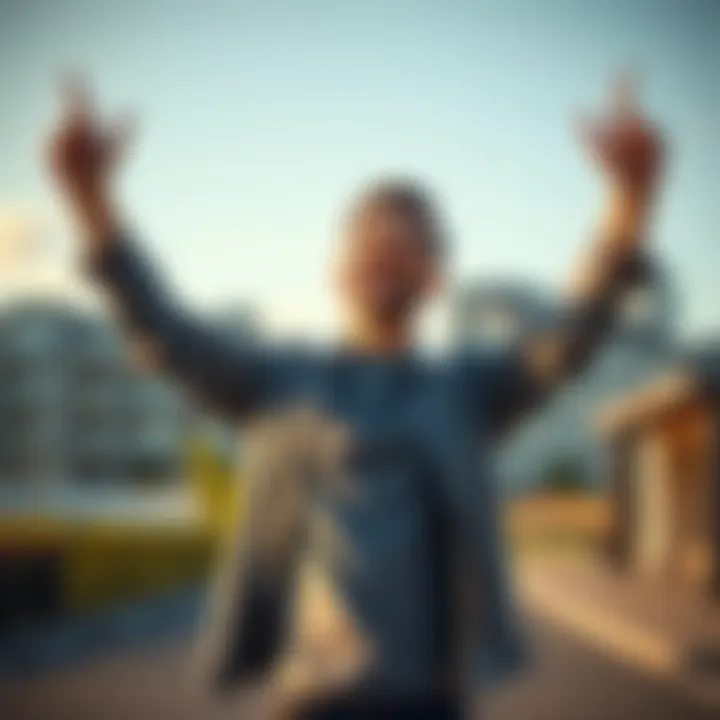 A joyful man with a big smile, standing outdoors with arms raised in triumph, signifying overcoming gambling debt