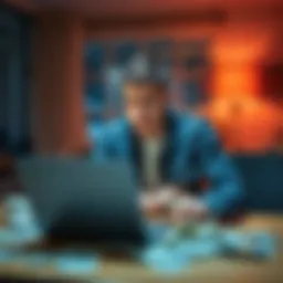 A young man sitting at a table, looking worried with a laptop and bills scattered around him, reflecting on his recent financial loss