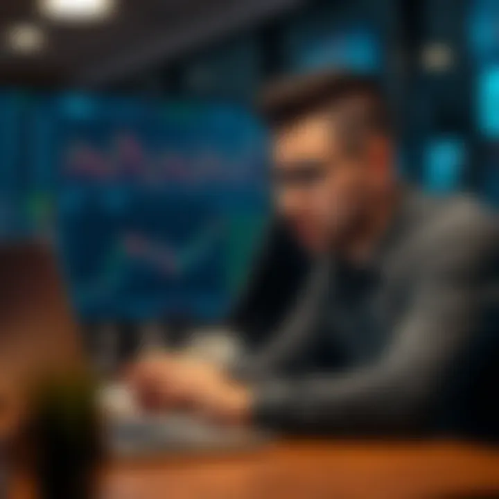 Man contemplating options trading A 28-year-old man looks thoughtfully at financial charts on a laptop, showing signs of stress over trading losses.