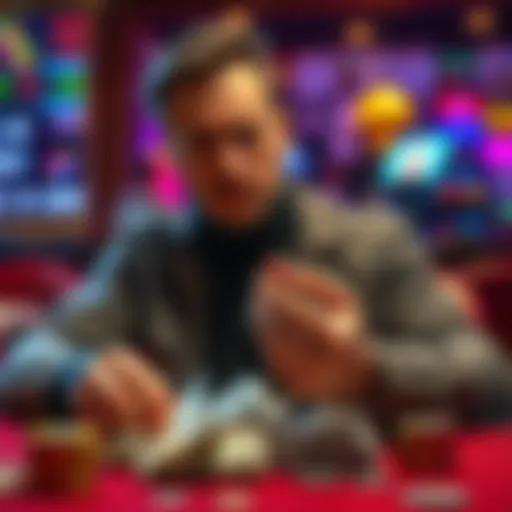 A man sits at a table, counting cash with a distressed look on his face, reflecting on his gambling losses.