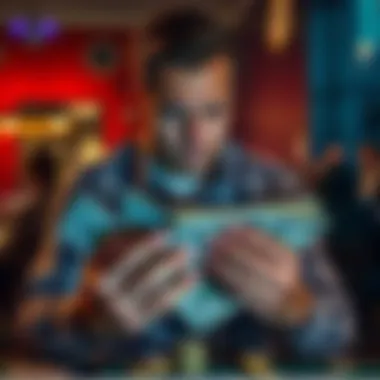 A man looks distressed while counting a stack of bills, representing his financial loss from gambling.