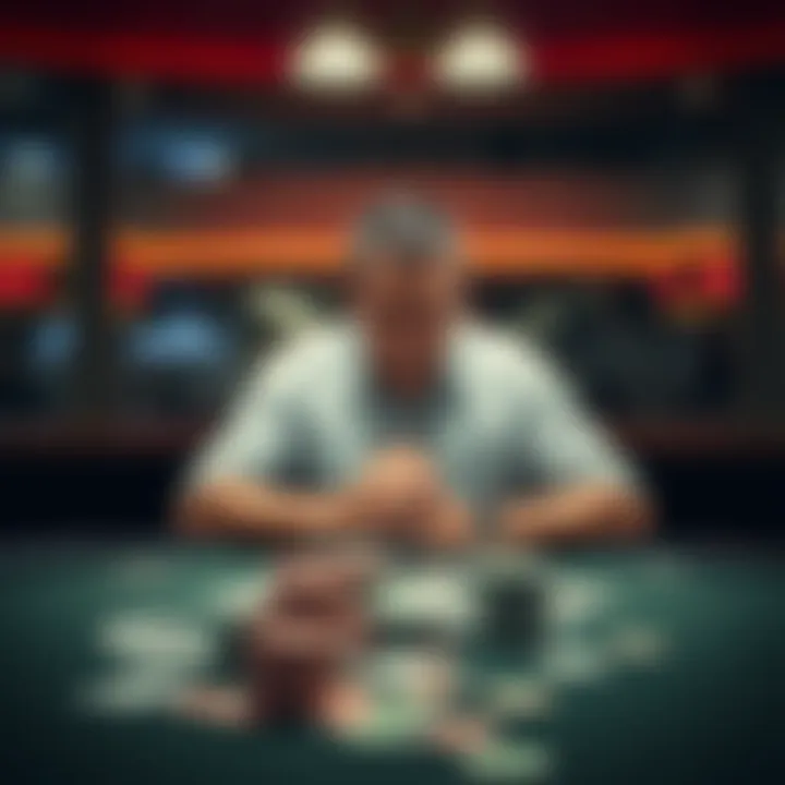 A man sitting alone at a table with a worried expression, surrounded by playing cards and money, symbolizing his gambling loss and personal struggle.