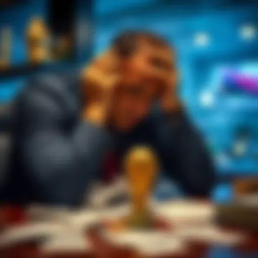 A man sits at a table with his head in his hands, surrounded by betting slips, reflecting on his $4,000 loss.