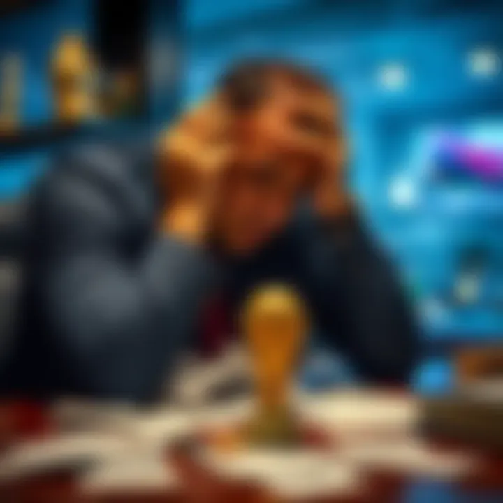 A man sits at a table with his head in his hands, surrounded by betting slips, reflecting on his $4,000 loss.
