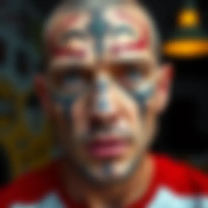 Man with unusual facial markings A man showing off unique facial designs that provoke curiosity and surprise among onlookers