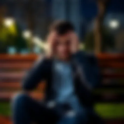 A 32-year-old man sits on a park bench looking worried, holding his head in his hands, symbolizing his financial losses from gambling.