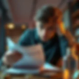 A young man looks stressed while reviewing bills and a gambling statement on a table, symbolizing his struggle with gambling debt.