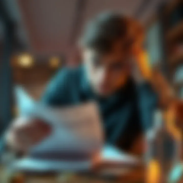 A young man looks stressed while reviewing bills and a gambling statement on a table, symbolizing his struggle with gambling debt.