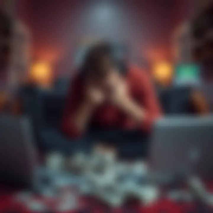 A young man sitting on the floor with his head in his hands, surrounded by bills and a laptop, showing signs of distress after losing money to online gambling.