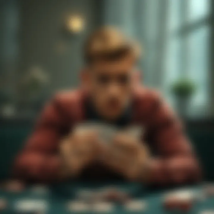 A 30-year-old man sitting at a table, concerned and holding playing cards, symbolizing his struggle with gambling addiction.