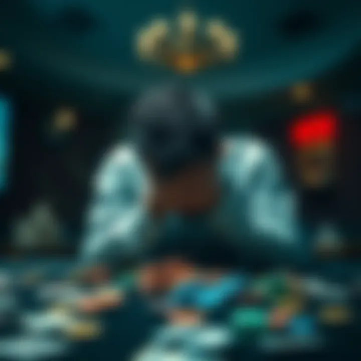 A man sitting alone at a table with his head in his hands, surrounded by scattered poker chips and bills, showing deep sadness and regret.