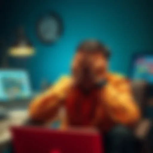 A 28-year-old man sits with his head in his hands, surrounded by bills and a laptop showing gambling websites, showing signs of emotional struggle.