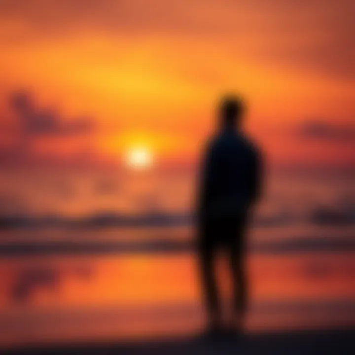 Man looking at a sunset A man stands alone on a beach, gazing at a vibrant sunset, reflecting on missed opportunities in life.