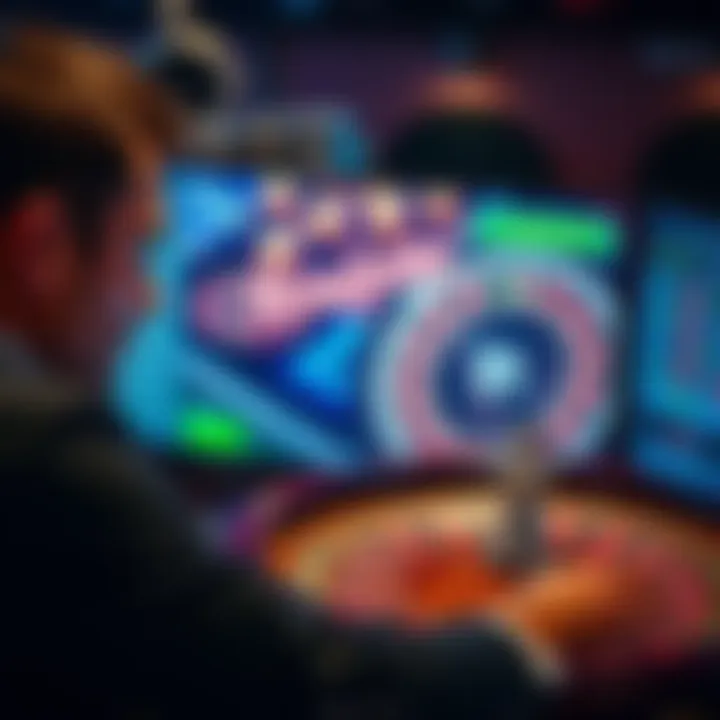 A man looking distressed while playing online roulette, with a screen showing a spinning roulette wheel and losing bets.