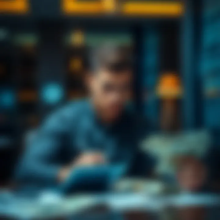 A man sitting at a table with bills and a calculator, looking focused while managing his finances
