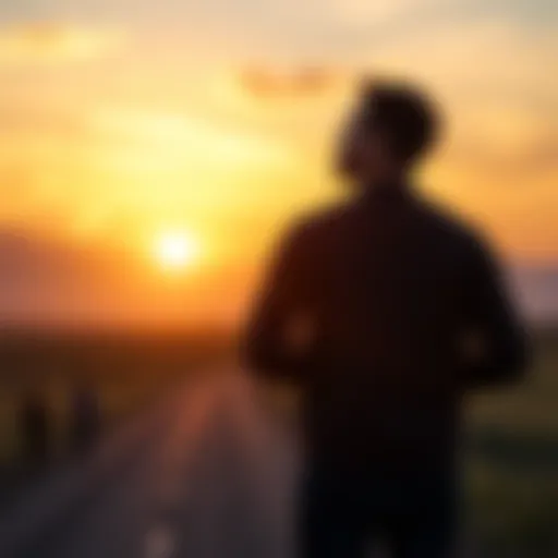 A determined man stands in front of a sunrise, symbolizing hope as he begins his recovery from gambling addiction.