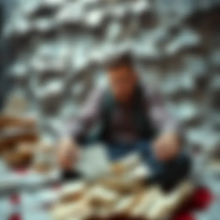 A man sitting on the floor surrounded by bills and paperwork, looking stressed and worried, symbolizing his struggle with gambling debt.