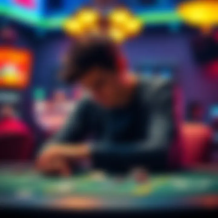 Man reflecting on gambling loss A somber young man sits alone at a table, looking thoughtful with his head down, symbolizing the struggle of gambling addiction and its consequences.