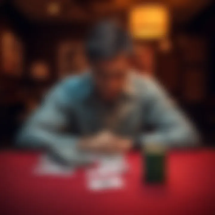 A man sits alone at a table, looking dejected with a few playing cards scattered around and a small stack of money beside him, symbolizing his struggle with gambling addiction and his journey to recov...