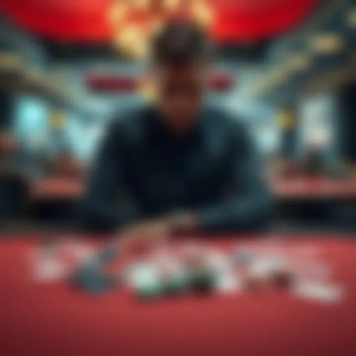 A man sits alone at a table, looking pensive with cards and chips scattered in front of him, symbolizing his past struggles with gambling.