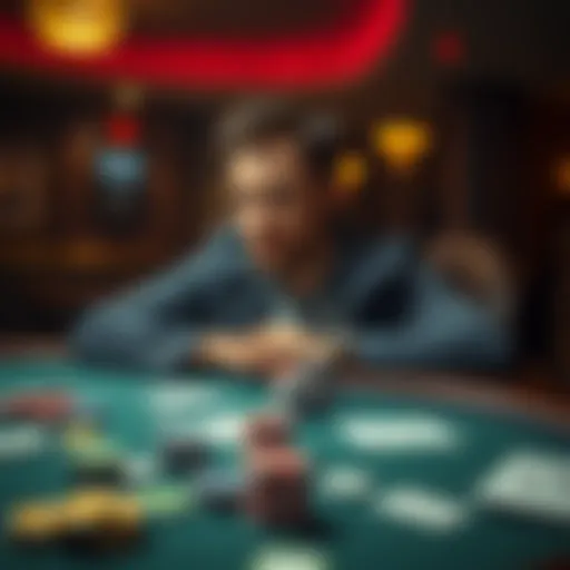 A man sits at a table looking thoughtful with poker chips and cards scattered around, indicating a past in poker. He appears contemplative as he decides to move on from gambling.