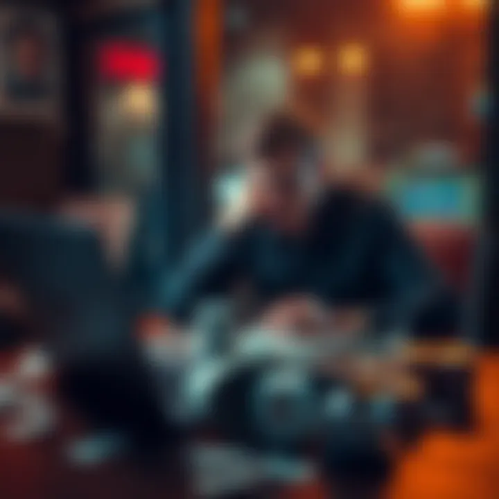 Man reflecting on lost money A man sits at a table, looking distressed surrounded by scattered bills and a laptop with online slots on the screen.