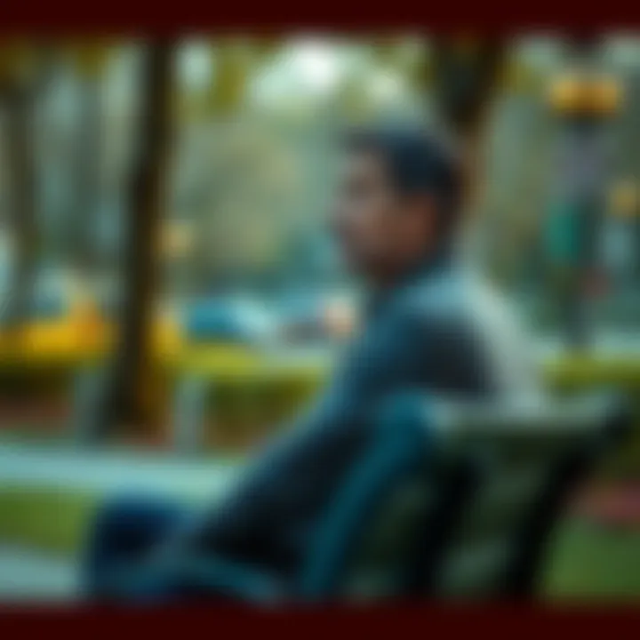A man sitting on a park bench, looking thoughtful as he contemplates his life experiences and struggles with addiction.