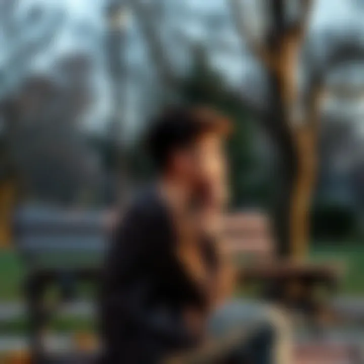 A young man sitting alone on a park bench, looking thoughtful and contemplative, surrounded by trees, symbolizing personal recovery and reflection after loss.