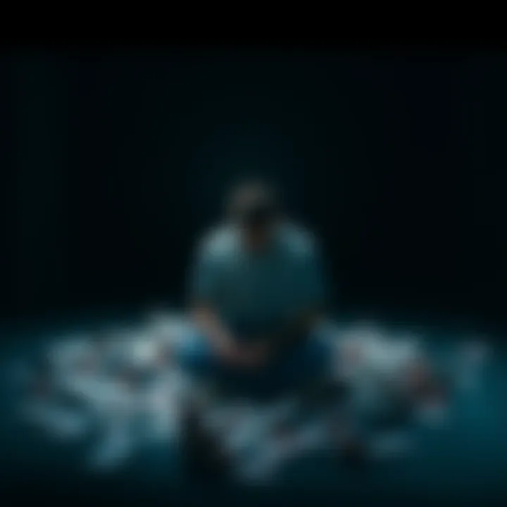 A man sits on the floor of a dark room, his head in his hands, surrounded by empty gambling receipts, showing the despair caused by addiction.