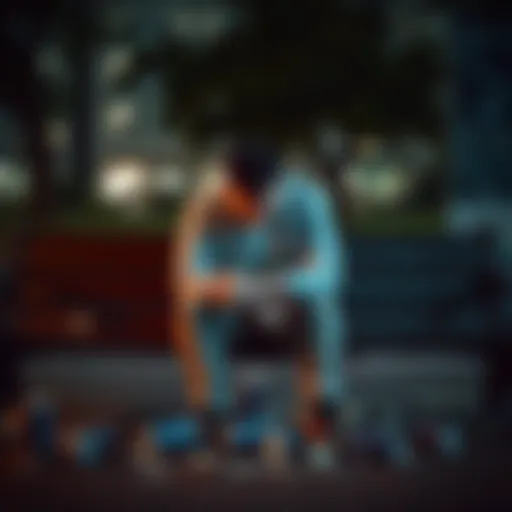A 28-year-old man sits on a park bench, looking down with a pained expression, surrounded by bills and empty drink cans, symbolizing his struggle with gambling addiction.