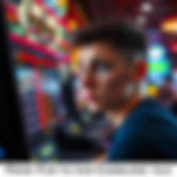 Man Staring at Casino Screen A young man looks distressed while staring at a computer screen displaying online gambling results, symbolizing the struggles of online betting.