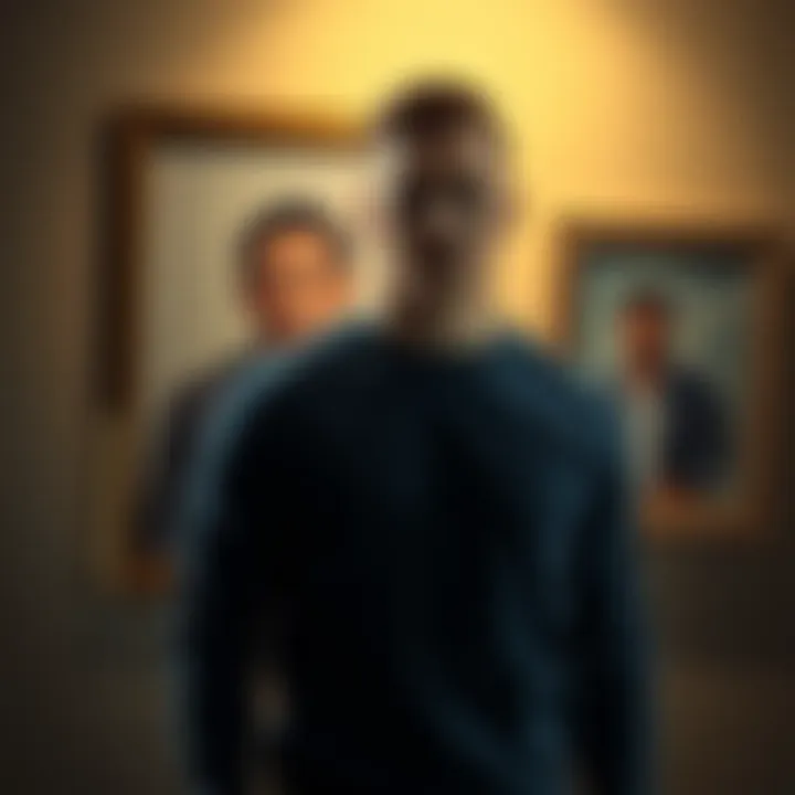 A man stands determined in front of a family photo, symbolizing his commitment to overcome gambling addiction and improve his family's life.