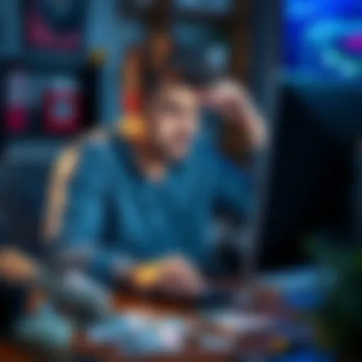 A man sits at a desk staring at his computer screen, showing signs of stress and concern over crypto betting losses. Bills and a calculator are scattered around, symbolizing financial pressure.