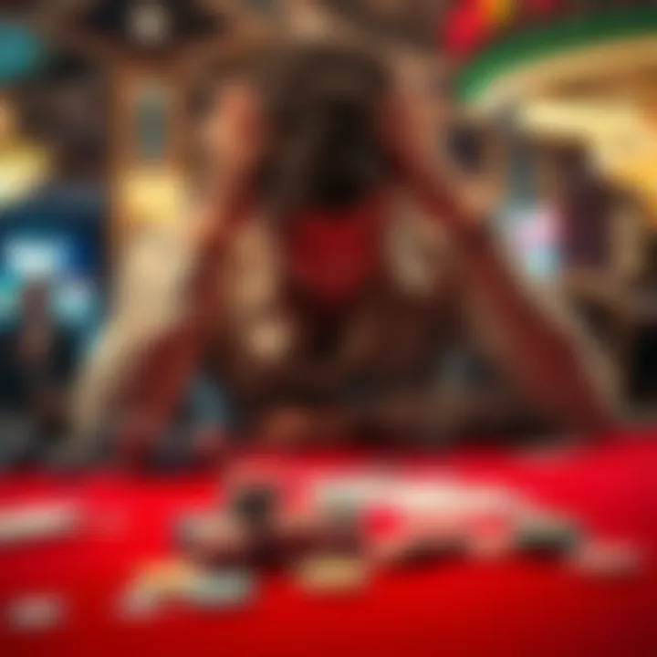 Man at casino table looking distressed A man sits at a casino table, holding his head in despair after losing a large bet. The table is strewn with poker chips and cards, reflecting the aftermath of his gambling loss.