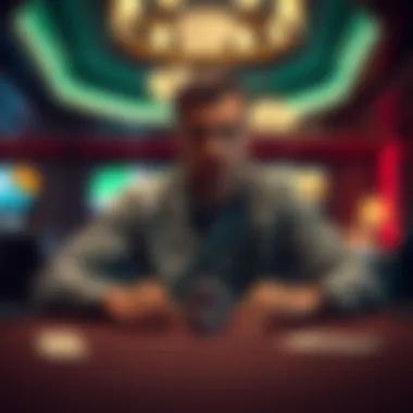 A man looks worried as he sits at a gambling table with chips and a few bills in front of him, contemplating his next move.