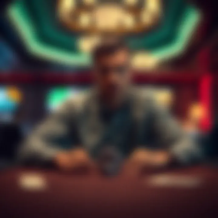 A man sitting at a gambling table A man looks worried as he sits at a gambling table with chips and a few bills in front of him, contemplating his next move.