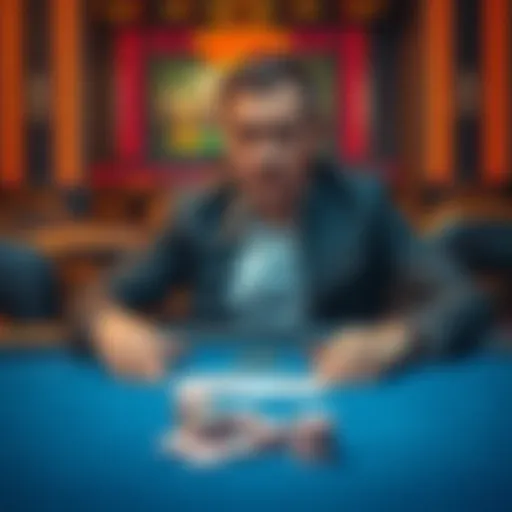 A successful man, looking distressed, sits alone at a poker table with cards and chips, reflecting his struggle with gambling addiction.
