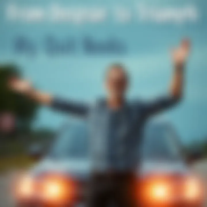 A man stands with arms raised, smiling broadly in front of a car, symbolizing victory over gambling addiction and newfound financial stability.