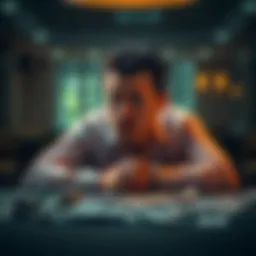 A man sits alone at a table, looking worried and lost in thought, reflecting on his gambling addiction and its consequences, with bills scattered around him.