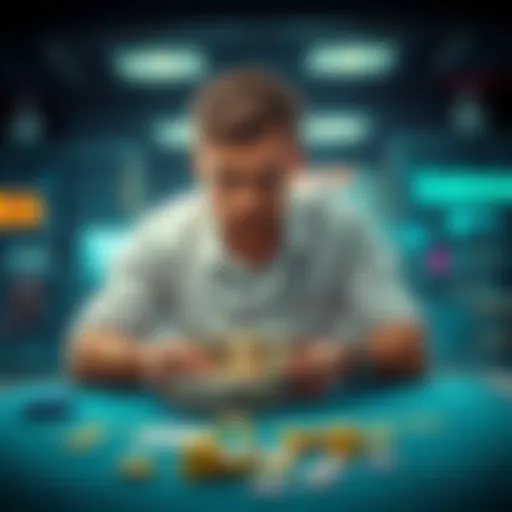 A worried man sitting at a table with a stack of cash, looking conflicted about his gambling win, with a ring box nearby, symbolizing his engagement