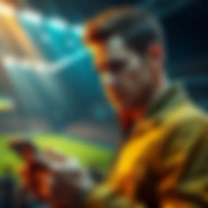 A man looks frustrated while checking his betting app, showing a lions game in the background.