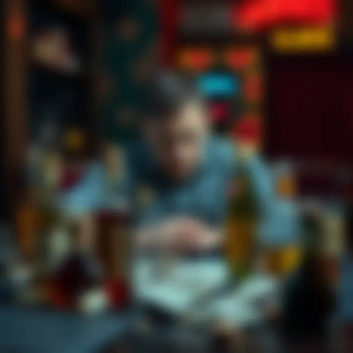 Man in distress over gambling loss A man sitting alone at a table with a worried expression, surrounded by empty liquor bottles and crumpled bills, symbolizing loss from gambling addiction.