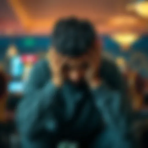 A 34-year-old man sits alone with his head in his hands, looking overwhelmed and distressed as he contemplates his gambling losses.