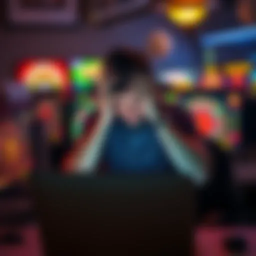 Man at computer looking distressed A man sitting at a desk with his head in his hands, surrounded by computer screens showing online casino games, reflecting his struggle with gambling addiction.