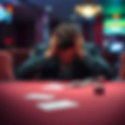 A man sits at a table with his head in his hands, showing signs of distress and despair due to gambling addiction.