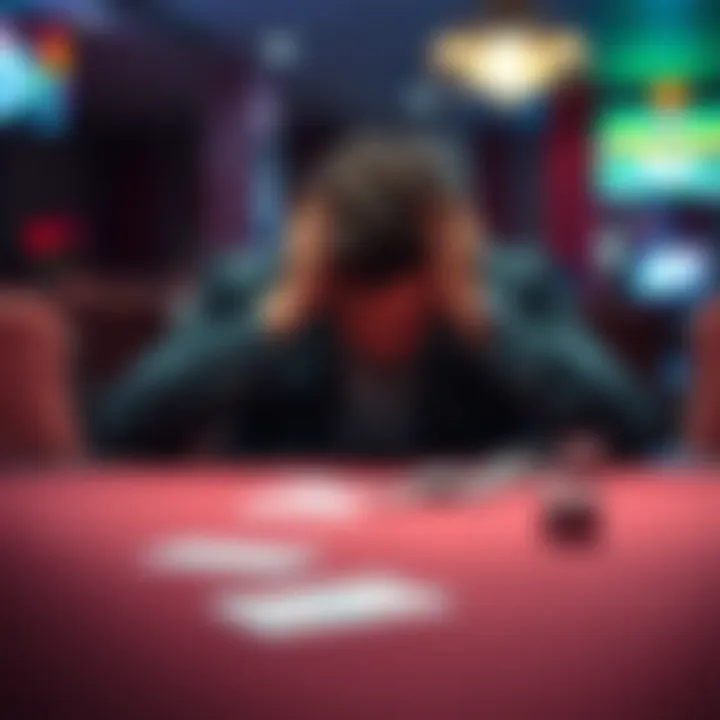 A man sits at a table with his head in his hands, showing signs of distress and despair due to gambling addiction.