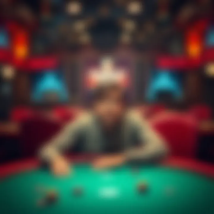 A man with a worried expression sits alone at a poker table, surrounded by empty chairs and scattered chips, symbolizing the impact of gambling addiction.